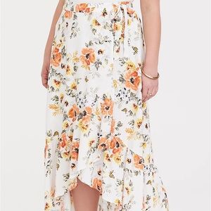 IVORY FLORAL CHALLIS RUFFLE WRAP SKIRT